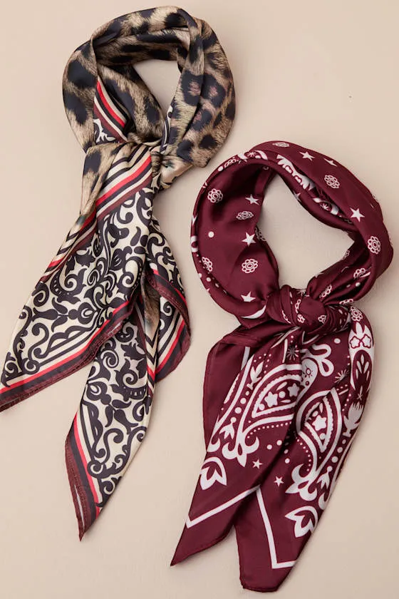Ozzy Burgundy and Tan Multi Print Satin Scarf Set sold by Lulus product image thumbnail 2