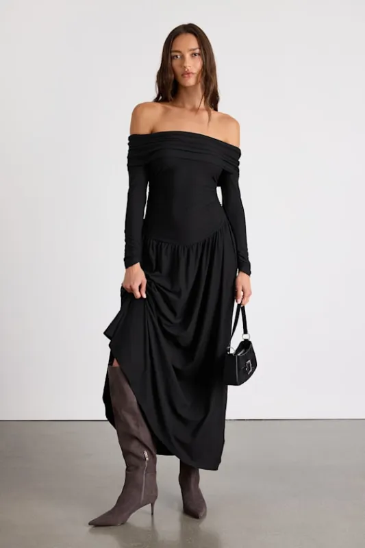 Sescca Black Off-the-Shoulder Jersey Knit Maxi Dress sold by Lulus