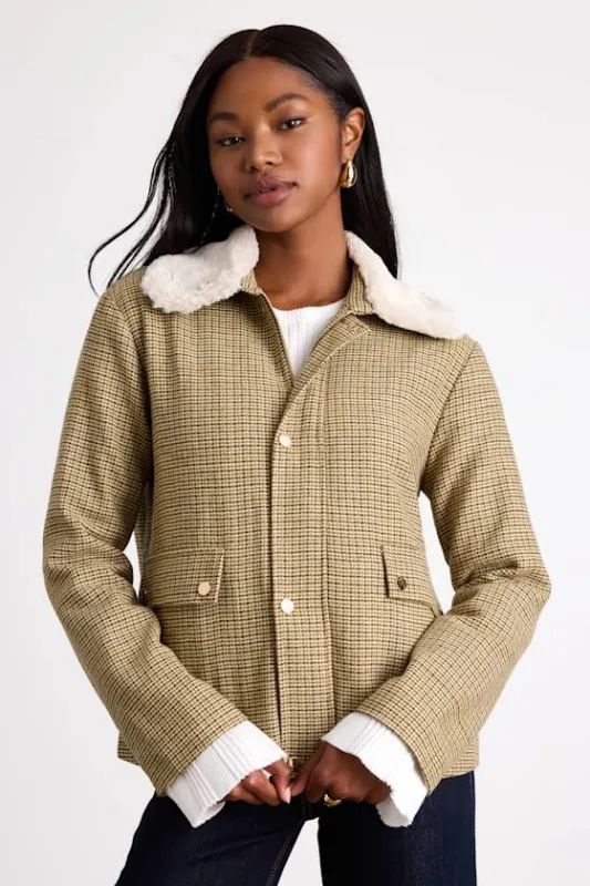 Bertie Beige Plaid Tweed Faux Fur Collar Jacket sold by Lulus