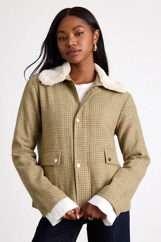 Bertie Beige Plaid Tweed Faux Fur Collar Jacket sold by Lulus