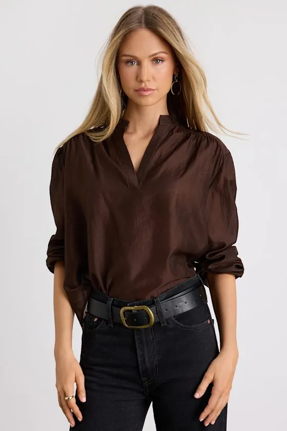 Zhena Dark Brown Gathered Balloon Sleeve Top sold by Lulus