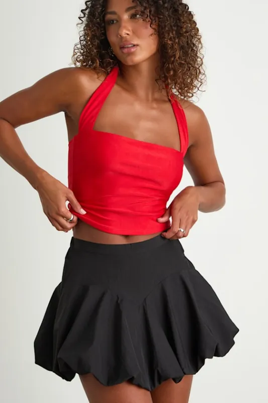 Wistara Black Mid-Rise Micro Bubble-Hem Skort sold by Lulus