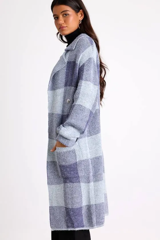 Cuddle Club Blue Plaid Long Sleeve Coatigan sold by Lulus