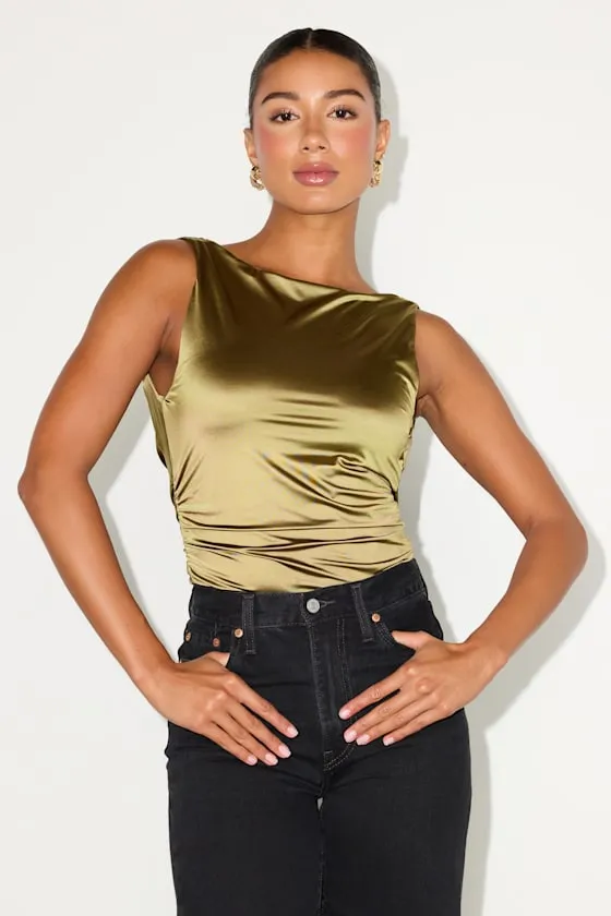 Cabrina Olive Satin Cowl Back Bodysuit sold by Lulus product image thumbnail 2