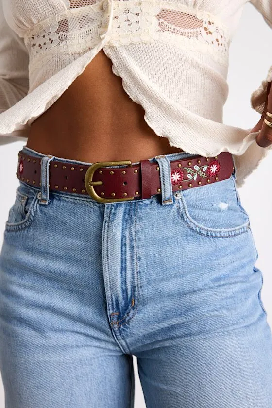 Florian Burgundy Floral Embroidered Belt sold by Lulus