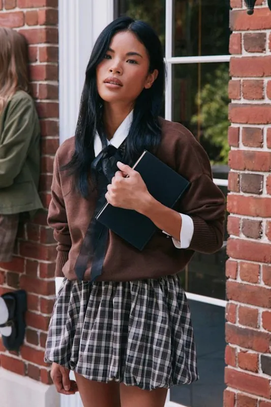 Kaida Brown Plaid Mid-Rise Micro Bubble-Hem Skort sold by Lulus