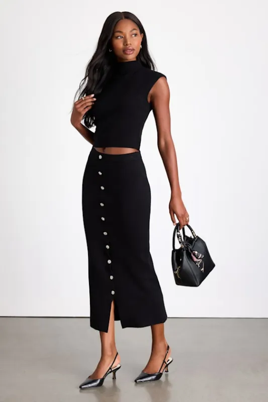 Marisella Black Knit Button-Front Maxi Skirt sold by Lulus