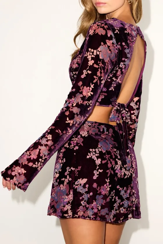 Talaria Plum Velvet Burnout Cutout Long Sleeve Crop Top sold by Lulus product image thumbnail 3