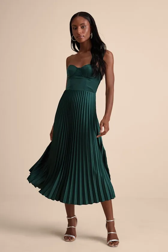 Irelyn Dark Green Satin Bustier Midi Dress sold by Lulus