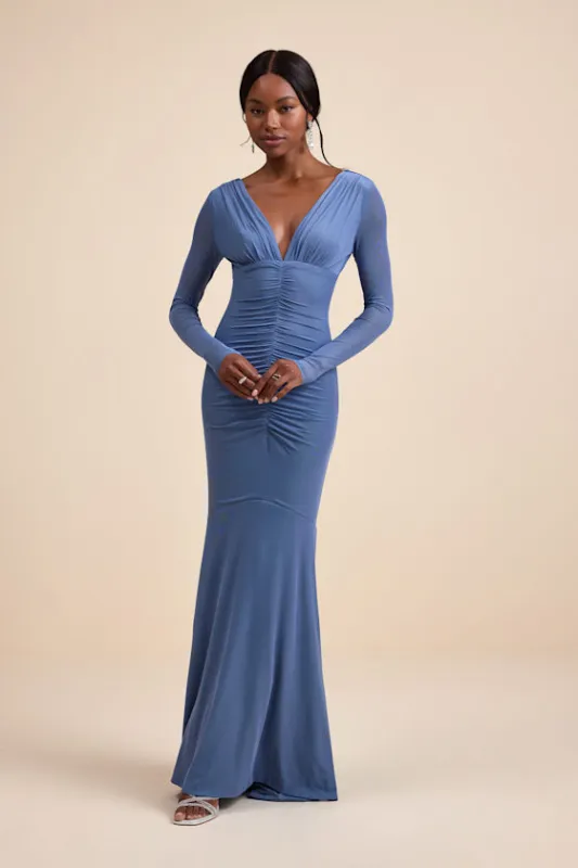 Georgina Slate Blue Jersey Knit Ruched Mermaid Maxi Dress sold by Lulus