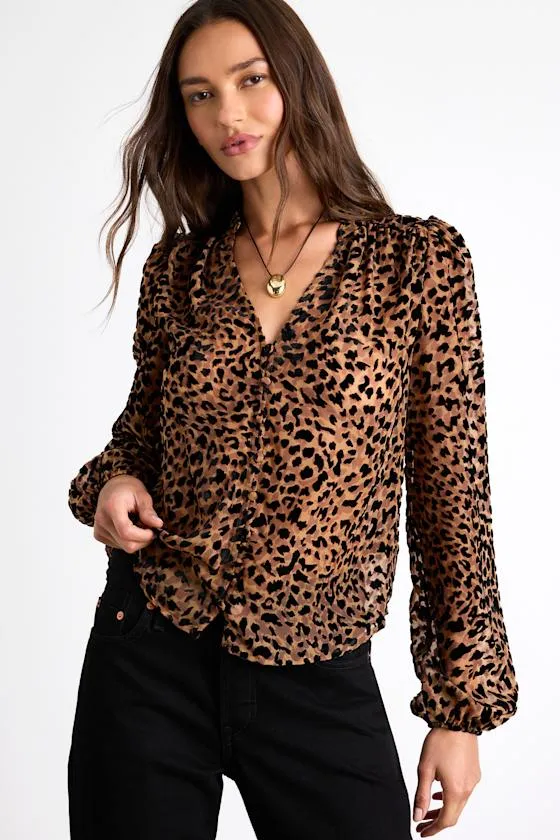 Harielle Brown Leopard Print Burnout Velvet Long Sleeve Blouse sold by Lulus