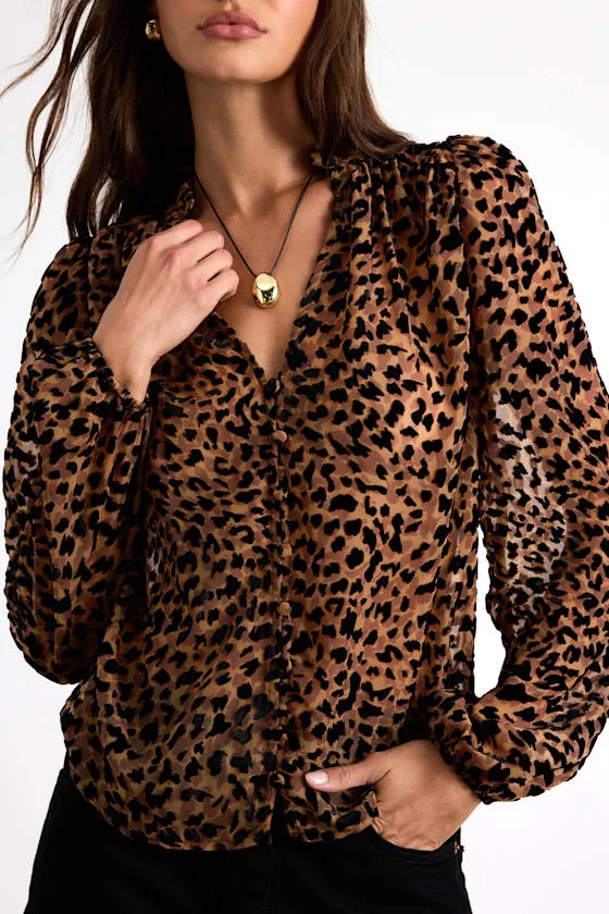 Harielle Brown Leopard Print Burnout Velvet Long Sleeve Blouse sold by Lulus product image thumbnail 2