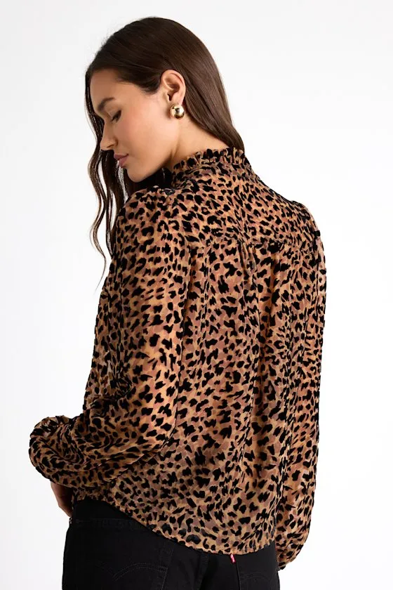 Harielle Brown Leopard Print Burnout Velvet Long Sleeve Blouse sold by Lulus product image thumbnail 3