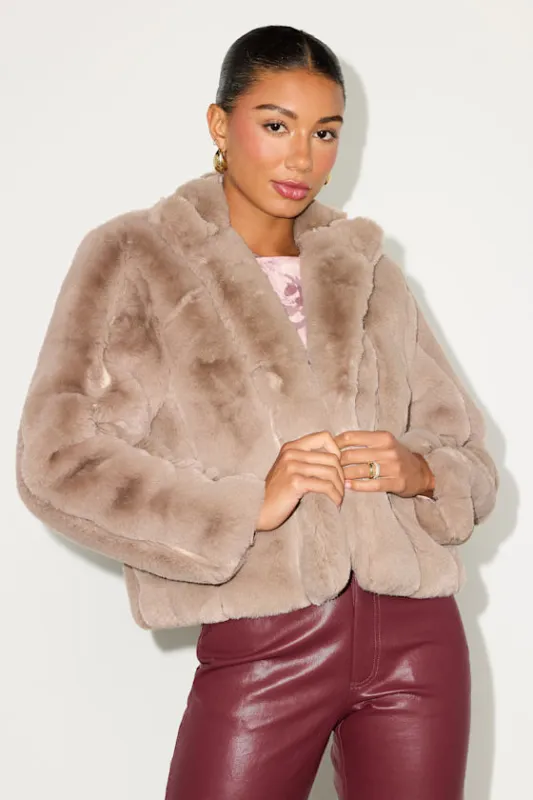 A Chic Classic Taupe Faux Fur Coat sold by Lulus