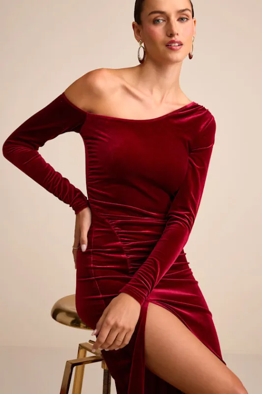 Notorious Icon Wine Red Velvet Asymmetrical Maxi Dress sold by Lulus