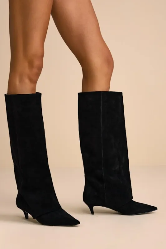 Luca Black Suede Leather Slouchy Knee-High Kitten Heel Boots sold by Lulus