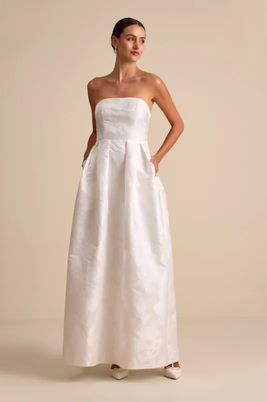 Laurelin White Jacquard Pleated Strapless Maxi Dress sold by Lulus