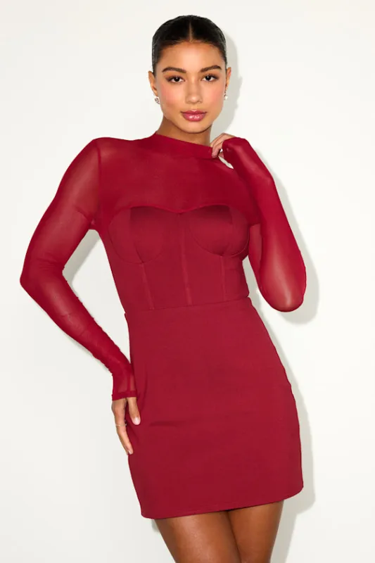 Cosmala Burgundy Bustier Long Sleeve Mini Dress made by Lulus