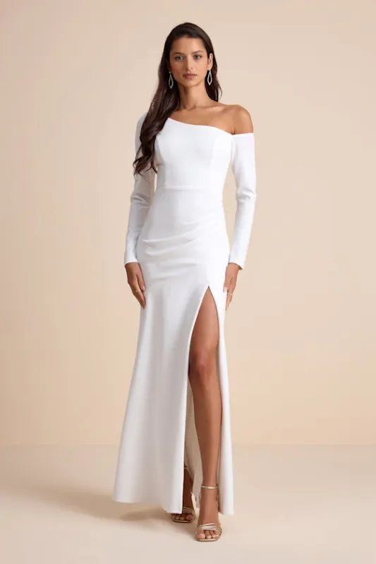 Elegant Sensation White Asymmetrical Pleated Maxi Dress sold by Lulus