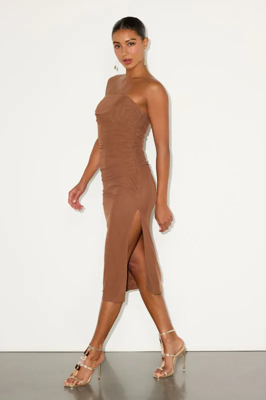 Jayleen Brown Mesh One-Shoulder Midi Dress sold by Lulus