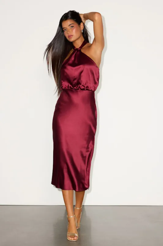 Jacey Burgundy Satin Halter Midi Dress sold by Lulus