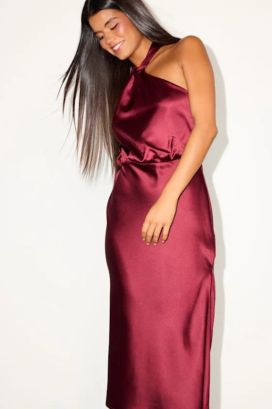 Jacey Burgundy Satin Halter Midi Dress sold by Lulus product image thumbnail 2