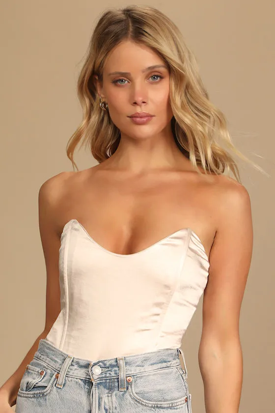 Splendidly Sultry Champagne Satin Strapless Bustier Bodysuit sold by Lulus