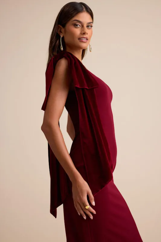 Amarila Burgundy One-Shoulder Velvet Bow Maxi Dress sold by Lulus