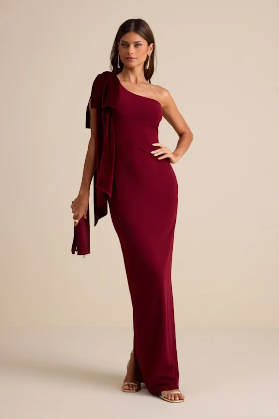 Amarila Burgundy One-Shoulder Velvet Bow Maxi Dress sold by Lulus product image thumbnail 2