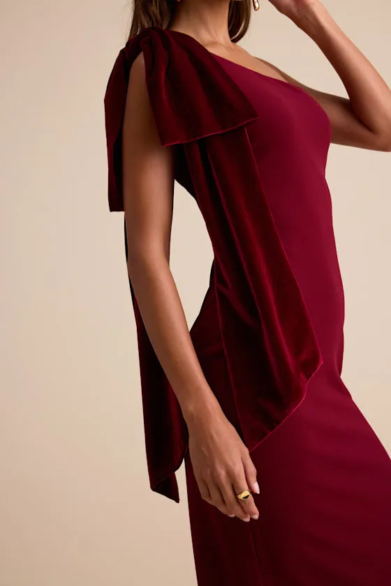 Amarila Burgundy One-Shoulder Velvet Bow Maxi Dress sold by Lulus product image thumbnail 3