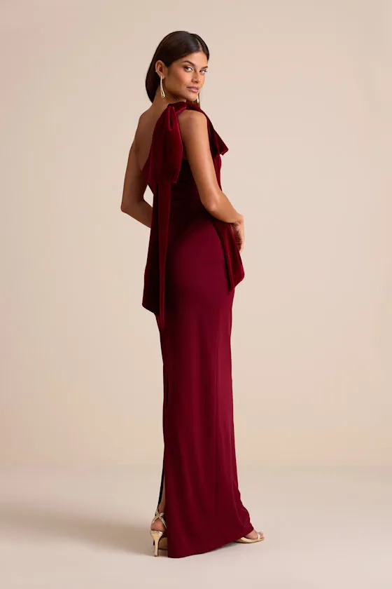 Amarila Burgundy One-Shoulder Velvet Bow Maxi Dress sold by Lulus product image thumbnail 4