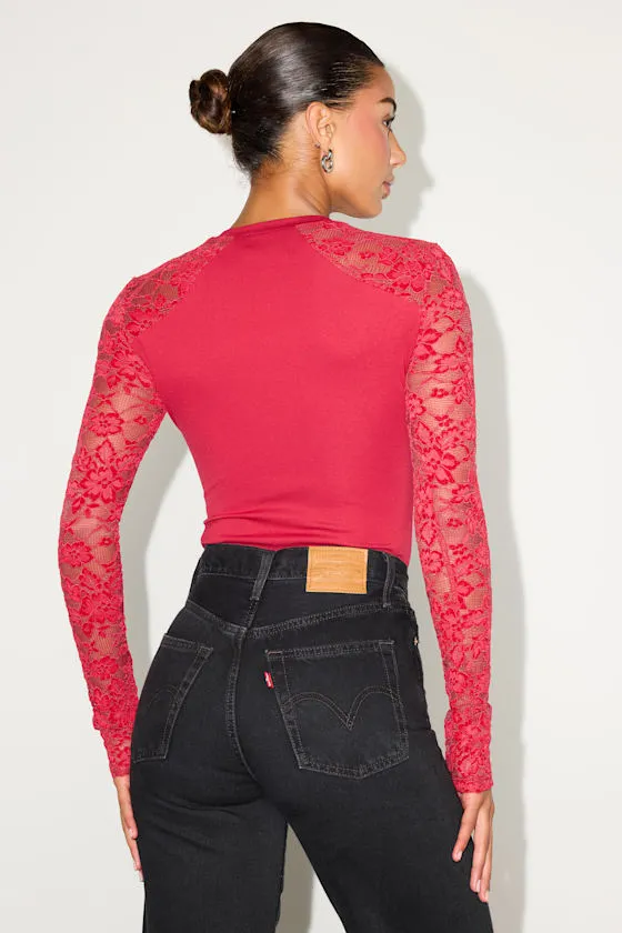 Kamdyn Red Crew Neck Sheer Lace Long Sleeve Bodysuit sold by Lulus product image thumbnail 2