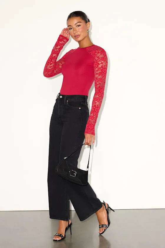 Kamdyn Red Crew Neck Sheer Lace Long Sleeve Bodysuit sold by Lulus product image thumbnail 3