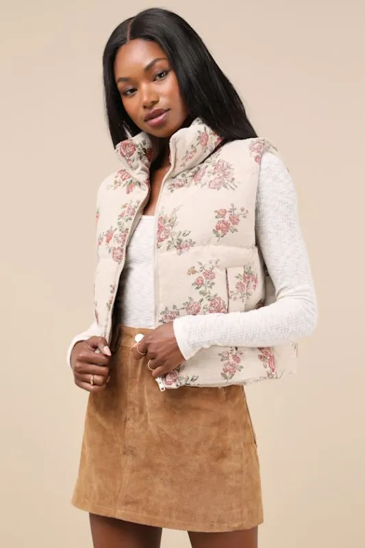 Darling Forecast Beige Jacquard Floral Puffer Vest sold by Lulus