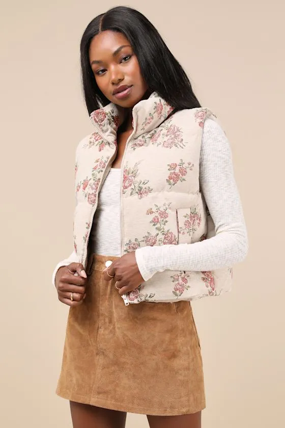 Darling Forecast Beige Jacquard Floral Puffer Vest sold by Lulus