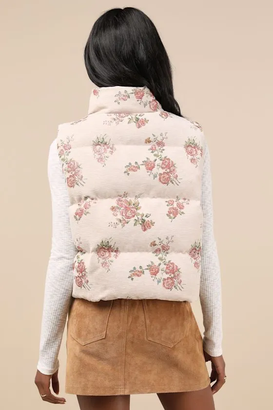 Darling Forecast Beige Jacquard Floral Puffer Vest sold by Lulus product image thumbnail 2
