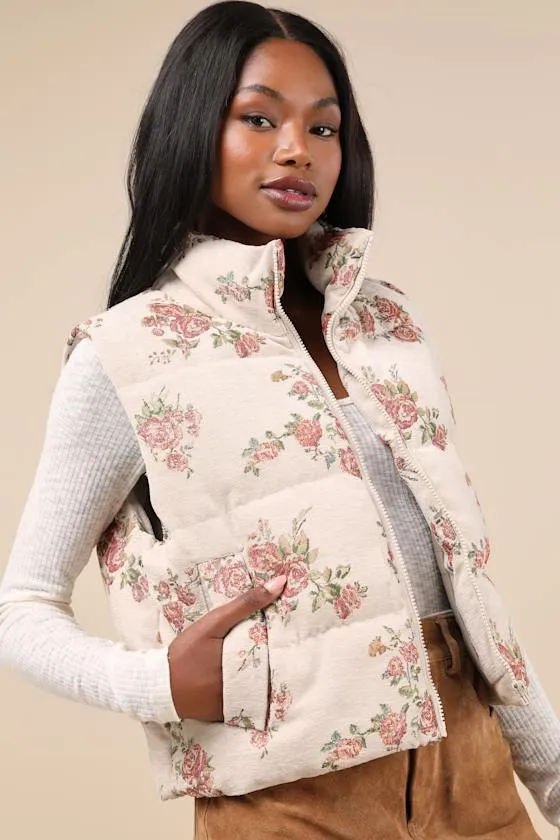 Darling Forecast Beige Jacquard Floral Puffer Vest sold by Lulus product image thumbnail 4