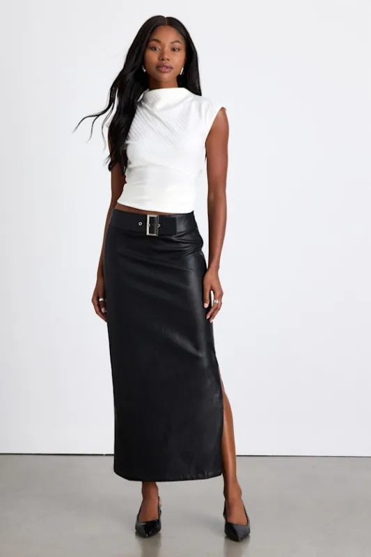 Agnis Black Vegan Leather Belted Column Maxi Skirt sold by Lulus