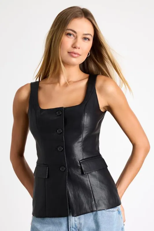 Lanzy Black Vegan Leather Button-Front Vest Top sold by Lulus