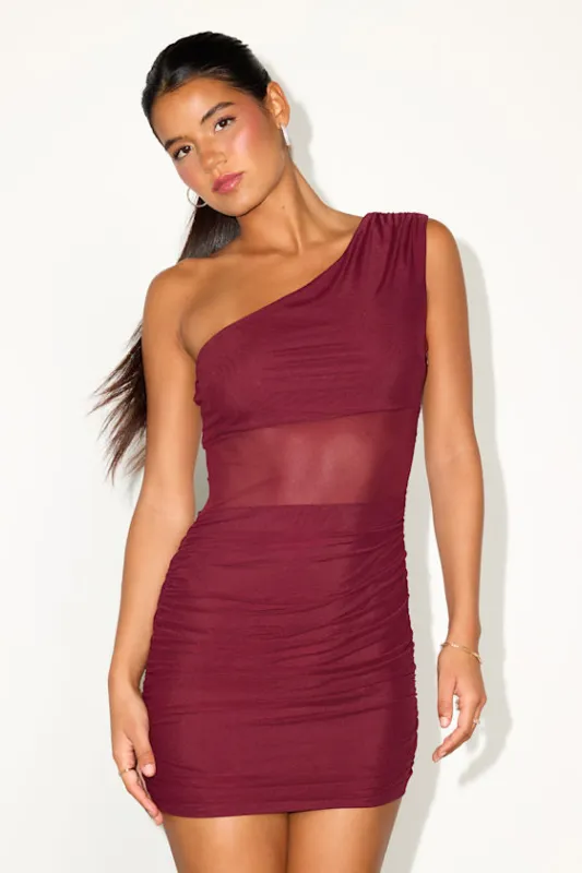 Neela Burgundy Mesh One-Shoulder Mini Dress sold by Lulus