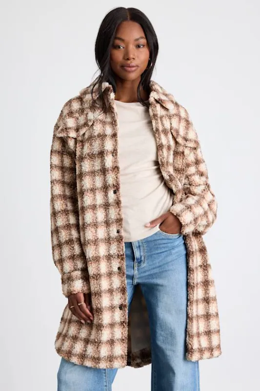 Winter Winds Beige and Brown Plaid Shearling Jacket sold by Lulus