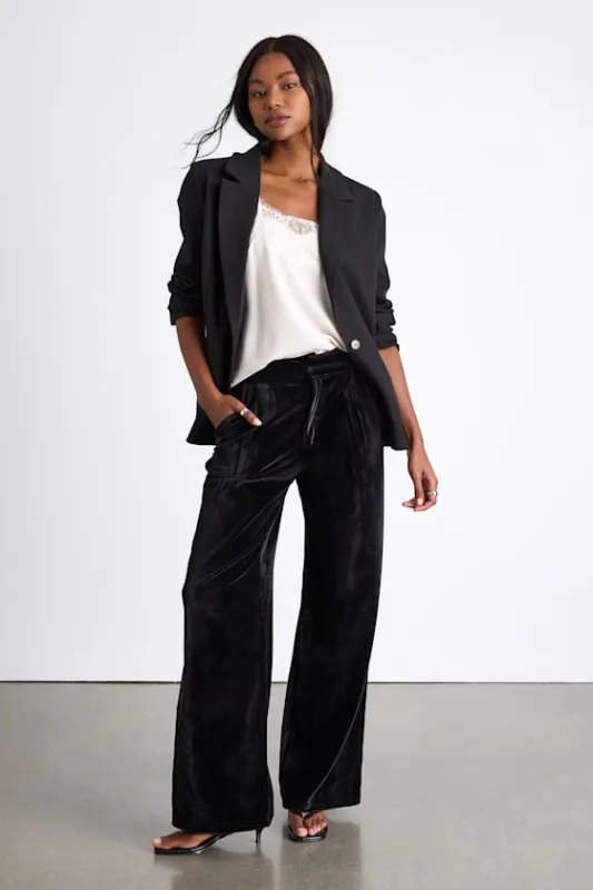 Haira Black Velvet Wide-Leg Mid-Rise Trouser Pants sold by Lulus