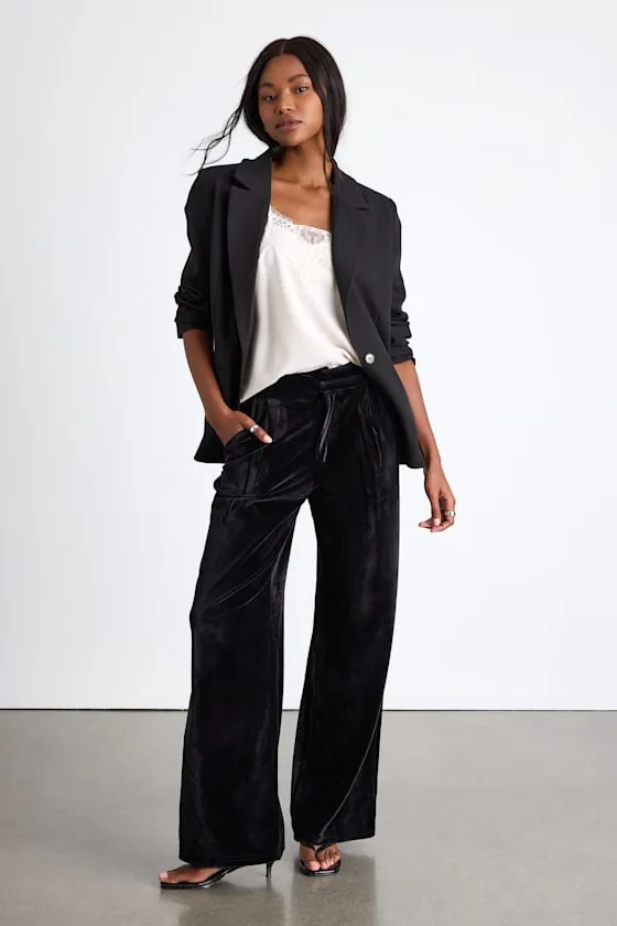 Haira Black Velvet Wide-Leg Mid-Rise Trouser Pants sold by Lulus