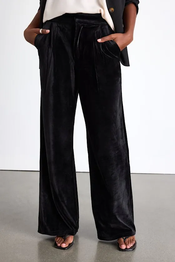 Haira Black Velvet Wide-Leg Mid-Rise Trouser Pants sold by Lulus product image thumbnail 2