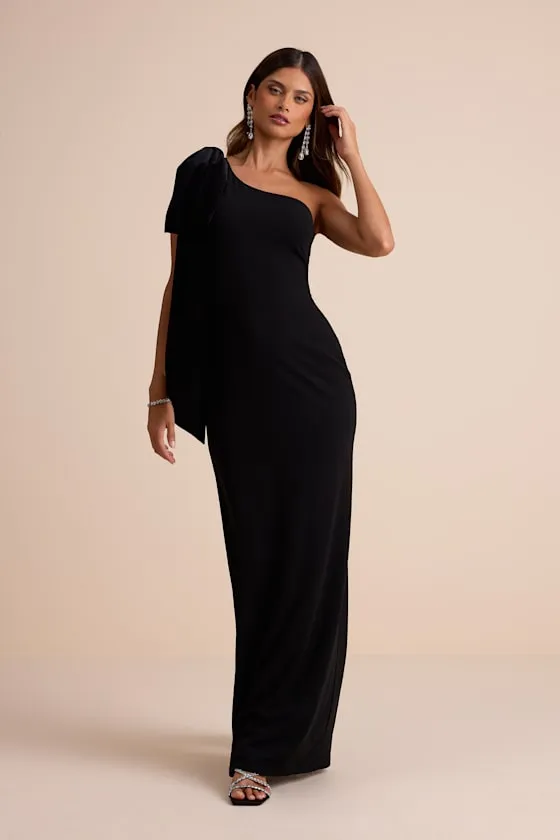 Amarila Black One-Shoulder Velvet Bow Maxi Dress sold by Lulus