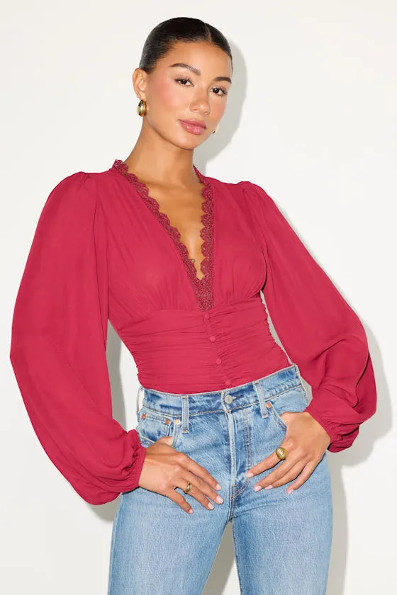 Cadria Berry Red Long Sleeve Ruched Bodysuit sold by Lulus