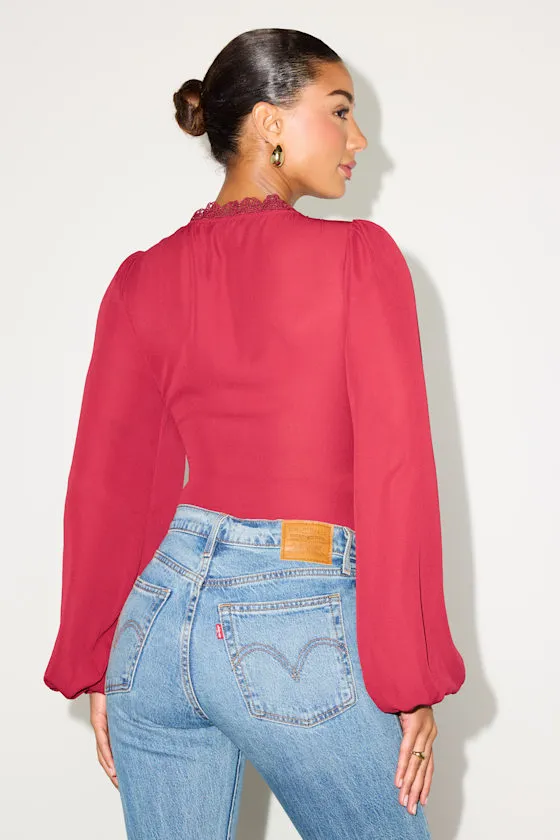 Cadria Berry Red Long Sleeve Ruched Bodysuit sold by Lulus product image thumbnail 2