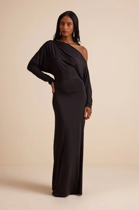 Valani Black Jersey Knit Asymmetrical Long Sleeve Maxi Dress sold by Lulus