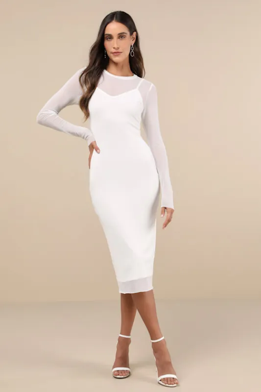 Perfect Plans Ivory Sheer Mesh Long Sleeve Midi Dress sold by Lulus