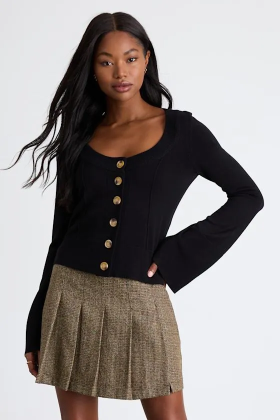 Everson Brown Multi Tweed Pleated High-Rise Mini Skirt sold by Lulus